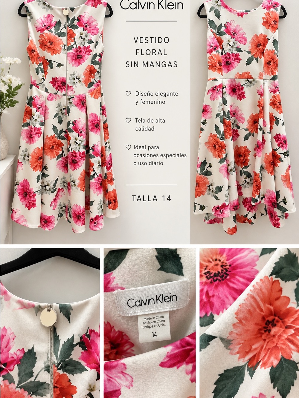 Calvin Klein Floral Sleeveless Fit-and-Flare Dress in White, Pink & Orange